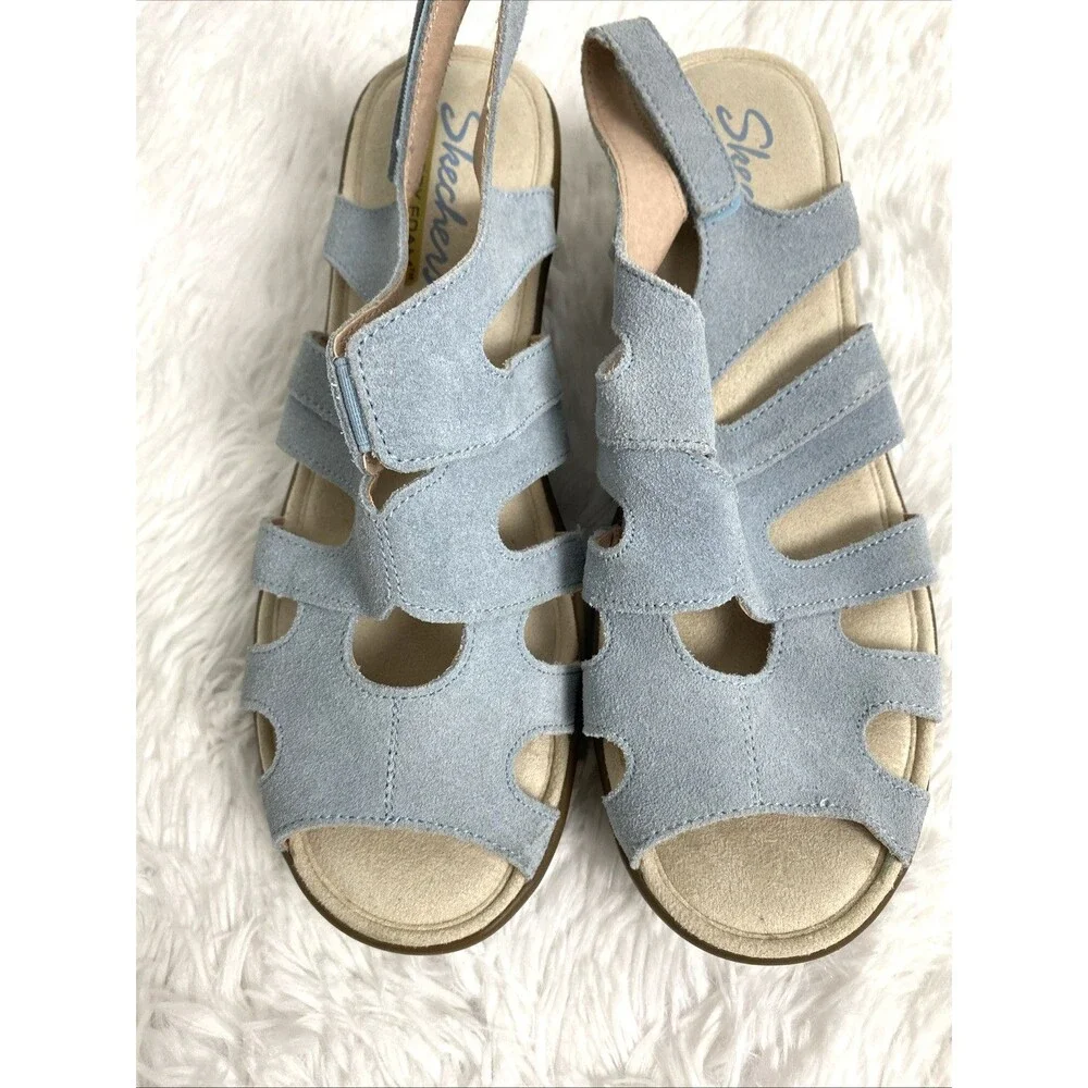 Skechers Memory Foam Womens Wedge Sandals Size 8 Blue Sky Suede Slingback - Picture 12 of 12